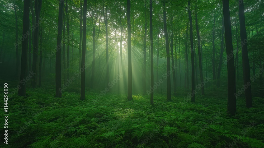 Fototapeta premium Serene forest with sunlight filtering through trees.