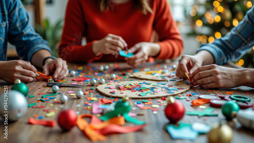 close-up of diy tabletop hands making decorations for holiday celebrations, showcasing creativity and personal touch in festive preparations.