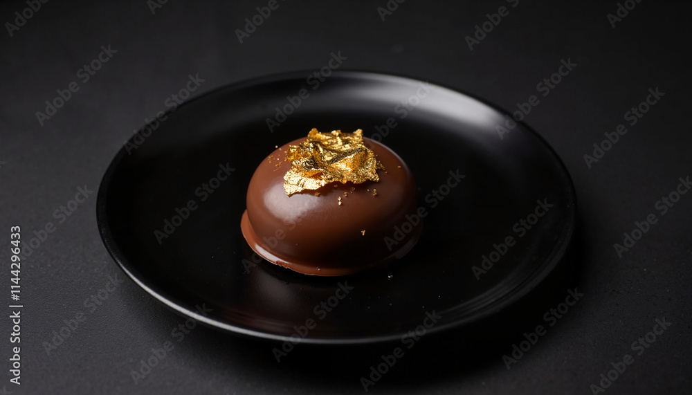 Chocolate dome dessert with gold flakes on black plate Chocolate dome dessert with gold flakes on black plate