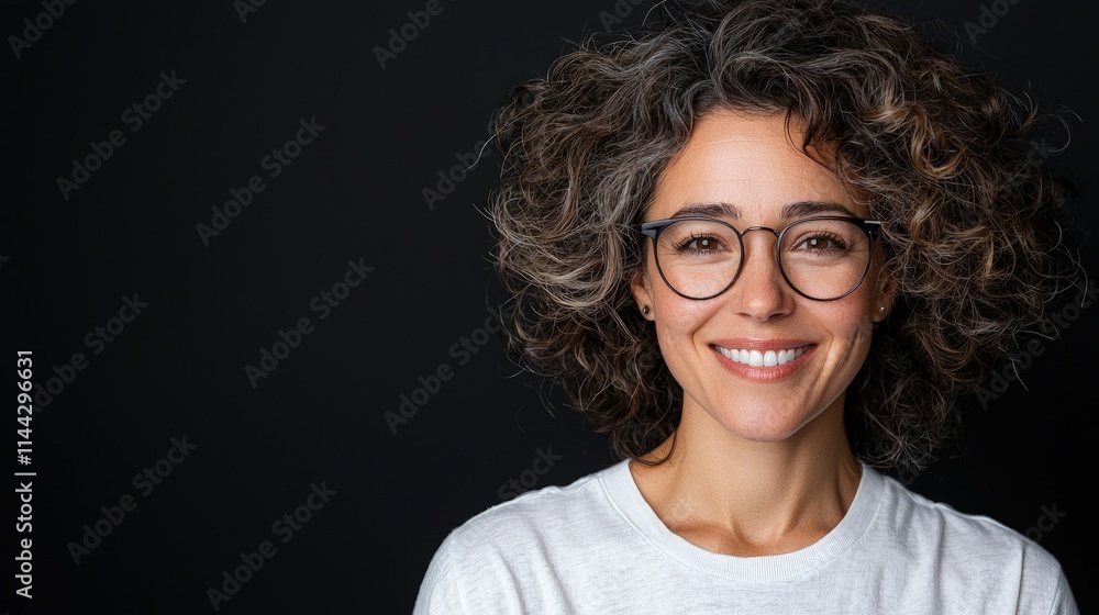Obraz premium Portrait of a smiling middle-aged woman with curly hair and glasses wearing a white t-shirt against a dark background.