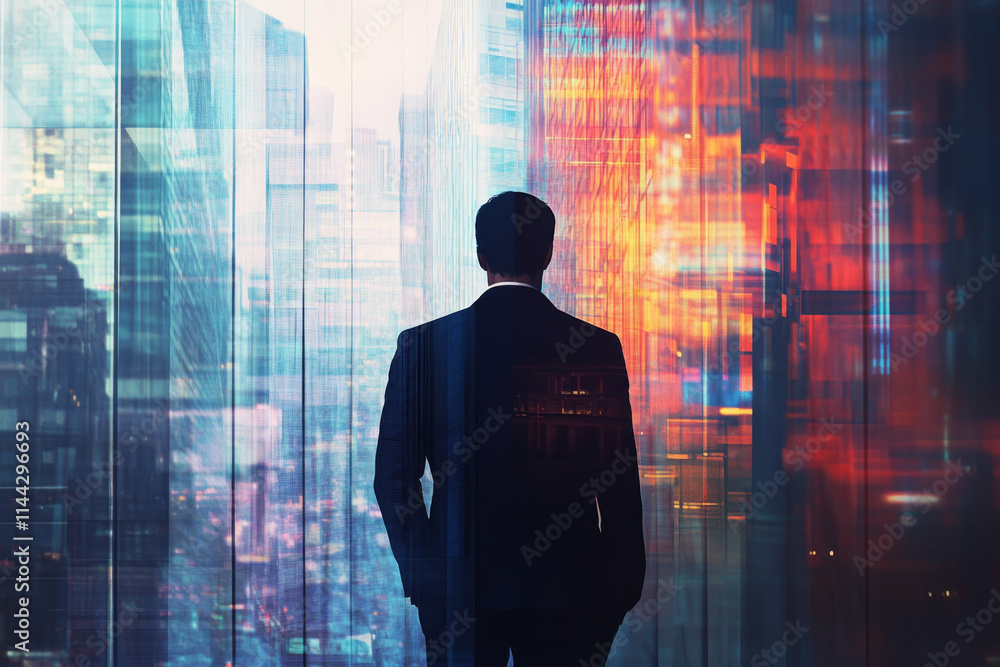 Back of businessman in suit with business office glass modern buildings background for financial freedom portfolio or company profit and strategy growth IPO poster Back of businessman in suit with business office glass modern buildings background for financial freedom portfolio or company profit and strategy growth IPO poster