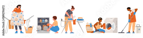 Women of different ethnicity doing house chores flat vector illustrations set isolated on white. 