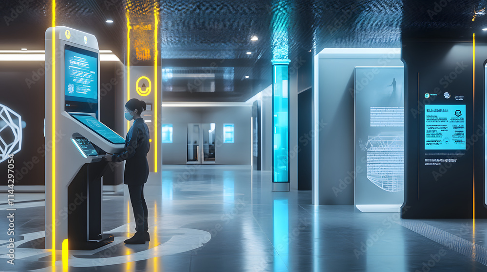 A person standing at an automated sanitizer station in a modern building, with warning posters and informational banners about virus safety protocols on the walls A person standing at an automated sanitizer station in a modern building, with warning posters and informational banners about virus safety protocols on the walls