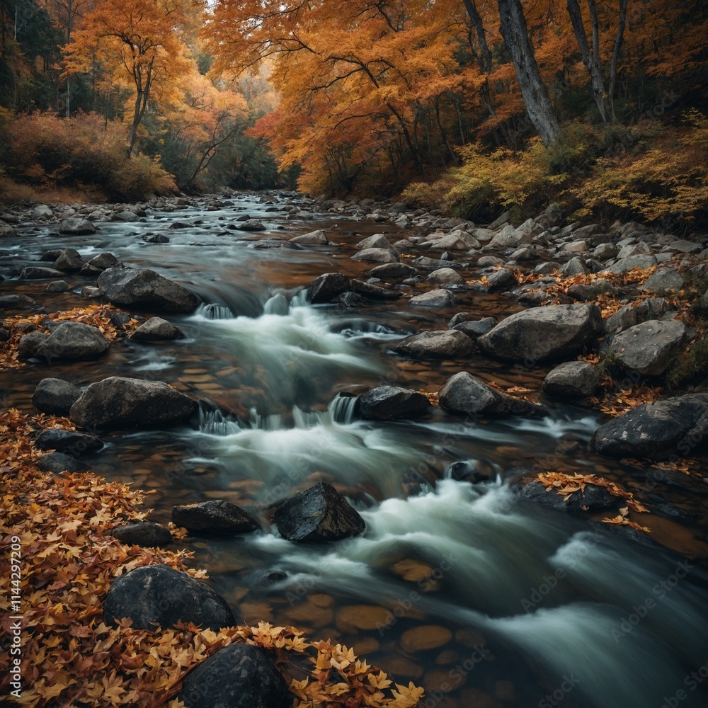 A calm river flowing through a forest of autumn-colored leaves. A calm river flowing through a forest of autumn-colored leaves.