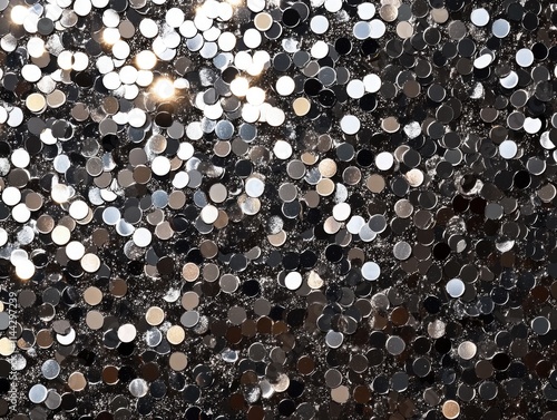 Shiny silver sequins scattered across a dark fabric, creating a luxurious and eye-catching texture.