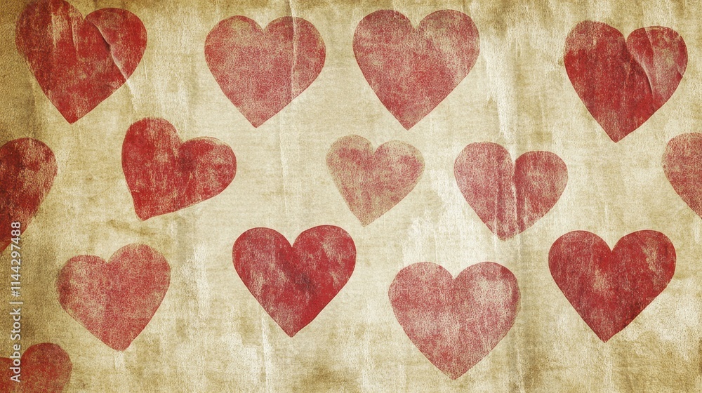 Fototapeta premium Red Hearts on Aged Paper Background Design