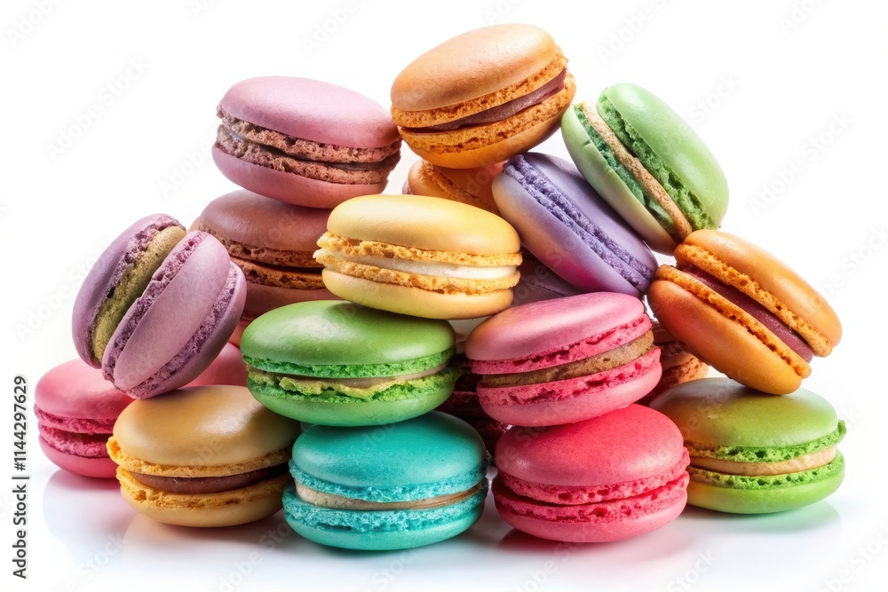 Obraz premium Delicious French Macarons, Colorful Macaron Assortment, Sweet Pastry, Heap of Macarons, Isolated White Background, High-Resolution Macaron Photo, Bakery Photography