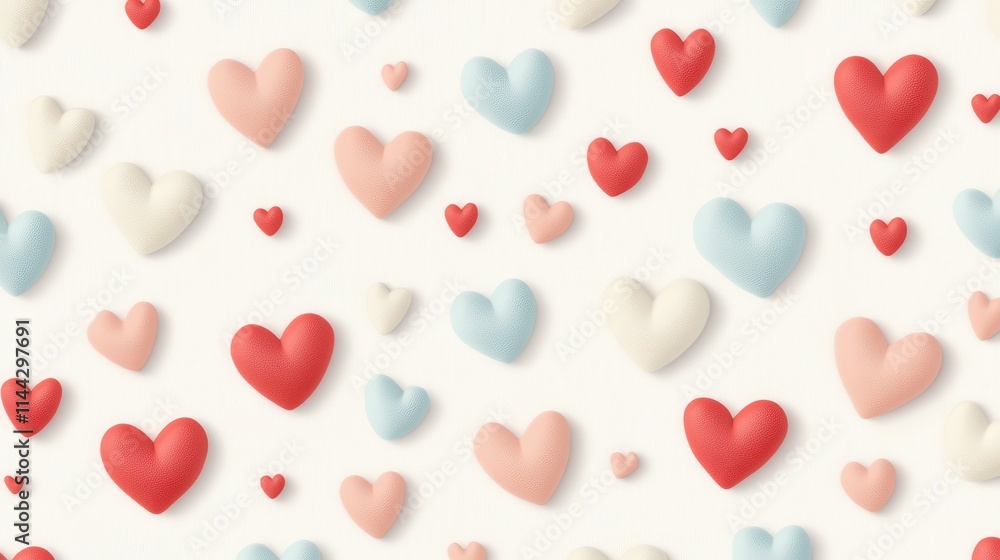 Pastel Hearts Scattered Across White Background