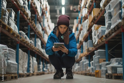 Female worker crouching and using tablet for stock control.