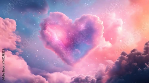 Dreamy heart-shaped cloud in a vibrant sunset sky with pastel colors