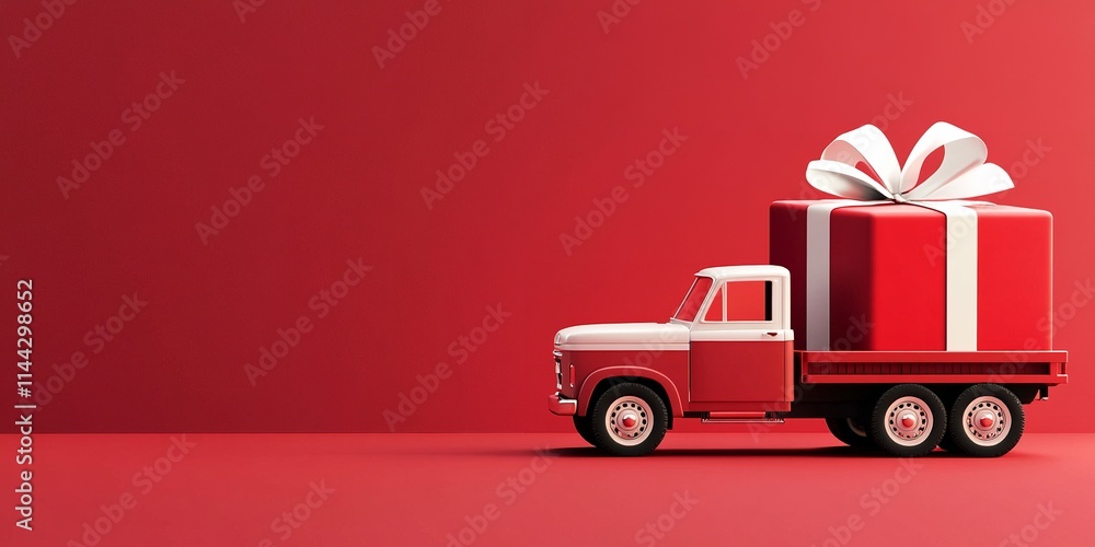 A Christmas-themed red truck carrying a large gift box wrapped in red ribbon on a seamless red background A Christmas-themed red truck carrying a large gift box wrapped in red ribbon on a seamless red background