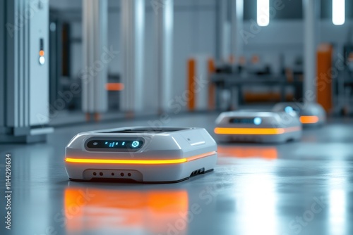 Autonomous mobile robots navigate a modern warehouse, showcasing efficient automated logistics.