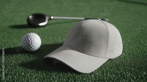 Golf ball, cap, and driver on green grass.