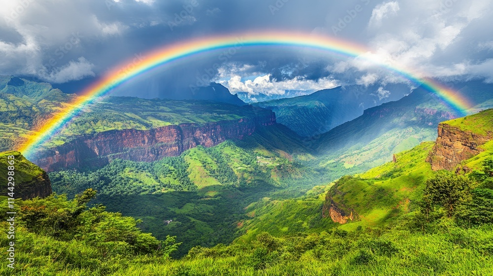 A bold rainbow arcs over a lush green valley surrounded by rugged mountain cliffs A bold rainbow arcs over a lush green valley surrounded by rugged mountain cliffs