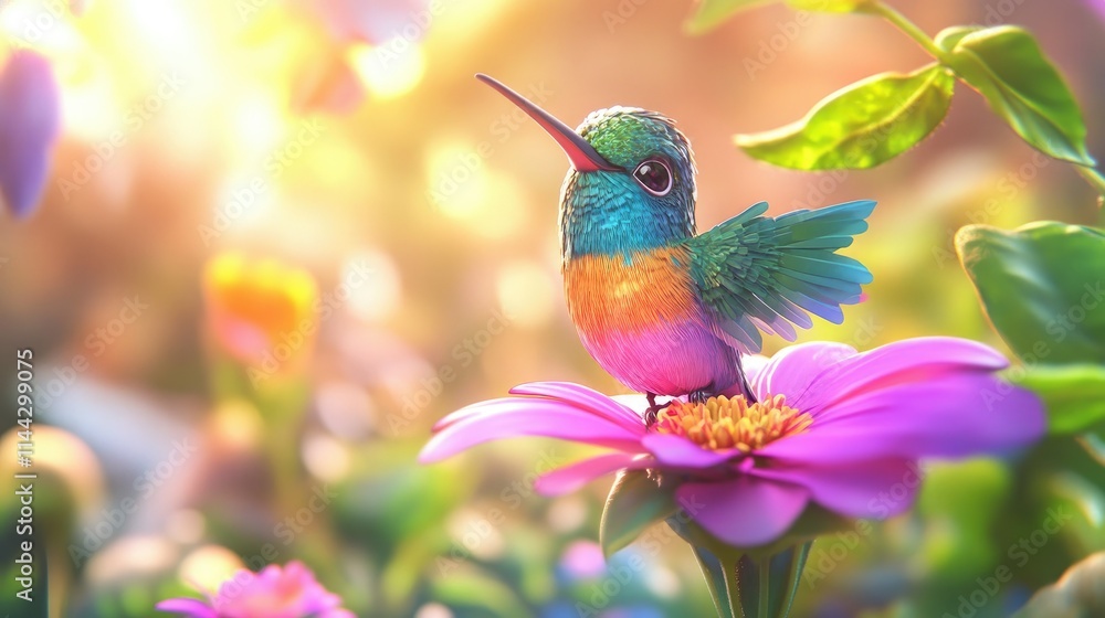 Fototapeta premium Colorful Hummingbird Perched on Vibrant Flower with Sunlight