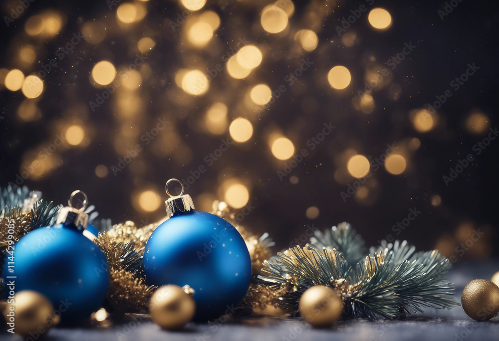 Christmas and New Year banner with blue baubles golden stars and frosted pine branches on a dark bac Christmas and New Year banner with blue baubles golden stars and frosted pine branches on a dark bac