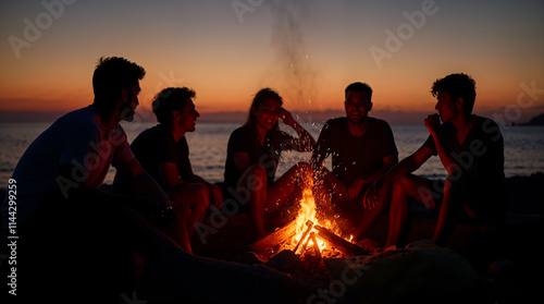 Amigos disfrutando de una fogata al atardecer junto al mar