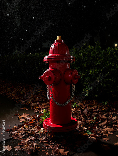 Nighttime Urban Scene with Fire Hydrant Amid Fallen Leaves and Wet Pavement photo