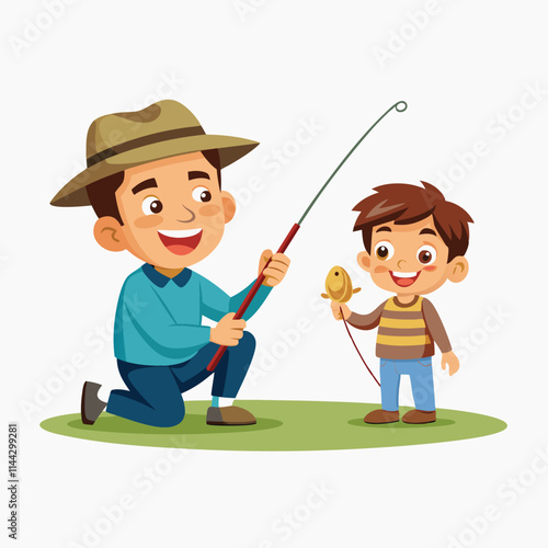 father and son fishing on a white background