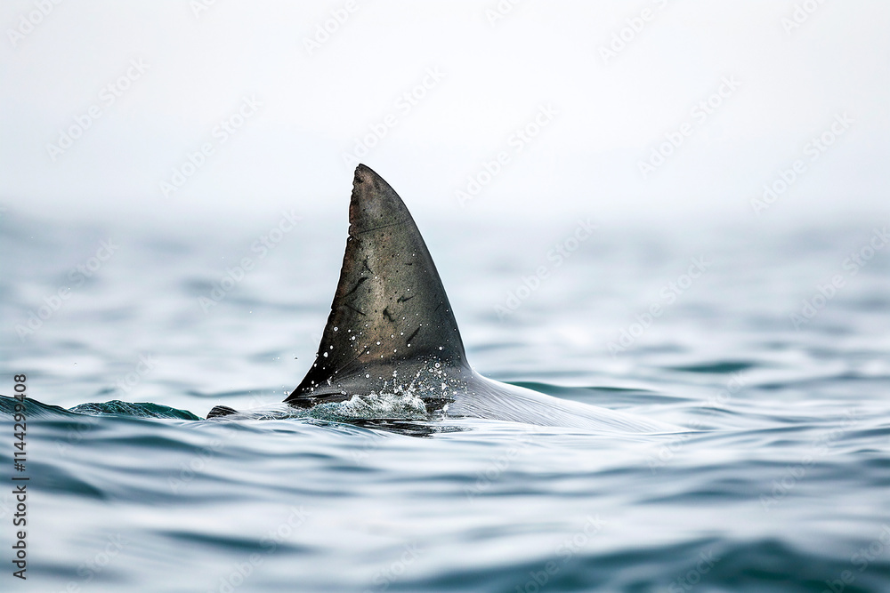 Naklejka premium Shark fin emerging from the water, creating a suspenseful scene in the calm ocean.