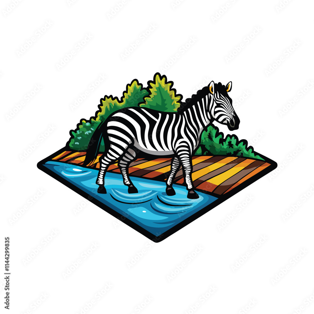 Fototapeta premium A vibrant zebra gracefully crosses a rushing river, detailed stone riverbanks, lush vegetation.