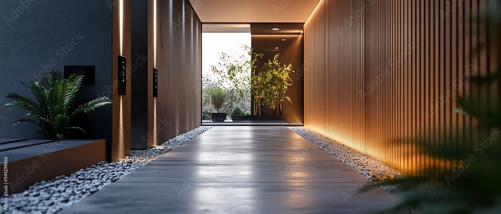 Modern Japanese-style hallway with zen garden. Modern Japanese-style hallway with zen garden.