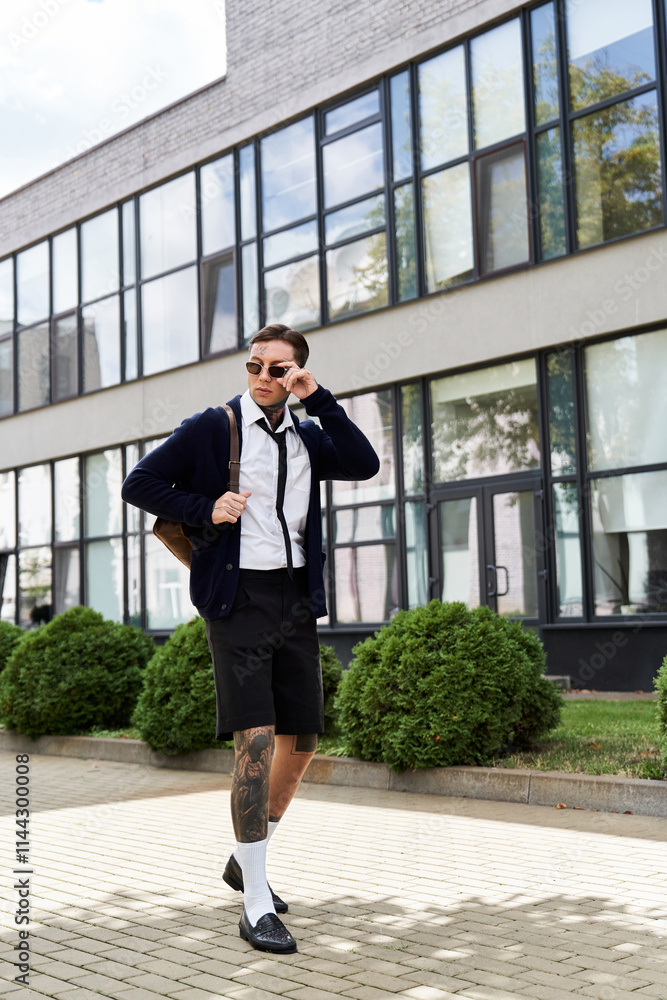 Handsome young man with tattoos strolls confidently near a contemporary structure in daylight.