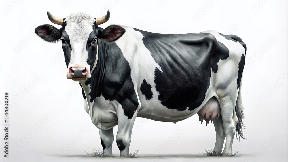 Black and White Cow Drawing, High Depth of Field, Simple Cow Illustration, Farm Animal Sketch, Bovid Portrait, White Background Black and White Cow Drawing, High Depth of Field, Simple Cow Illustration, Farm Animal Sketch, Bovid Portrait, White Background