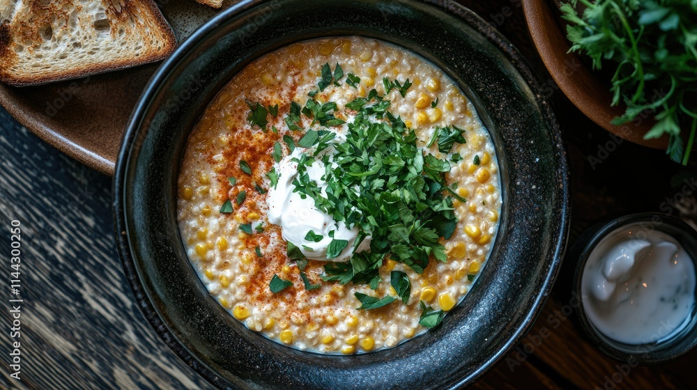 A bowl of milk corn porridge with a swirl of cream on top, served with fresh herbs and a side of toast A bowl of milk corn porridge with a swirl of cream on top, served with fresh herbs and a side of toast