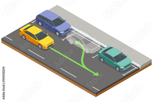 Isometric illustration of a parallel parking maneuver. A transparent car outline and green arrow indicate the parking trajectory between a red car and a blue car on the roadside