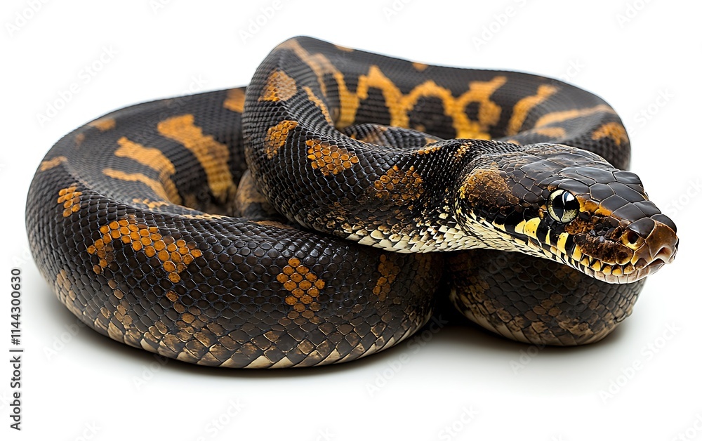 A black and orange python coiled on a white background. A black and orange python coiled on a white background.