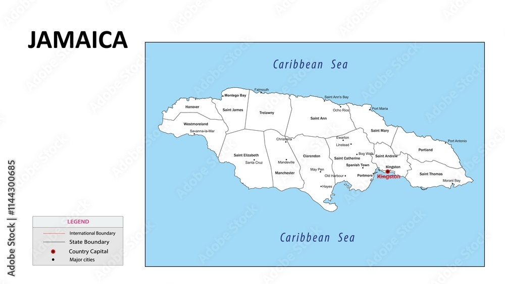 Jamaica Map. State map of Jamaica. Administrative map of Jamaica with state and capital in white color. Jamaica Map. State map of Jamaica. Administrative map of Jamaica with state and capital in white color.
