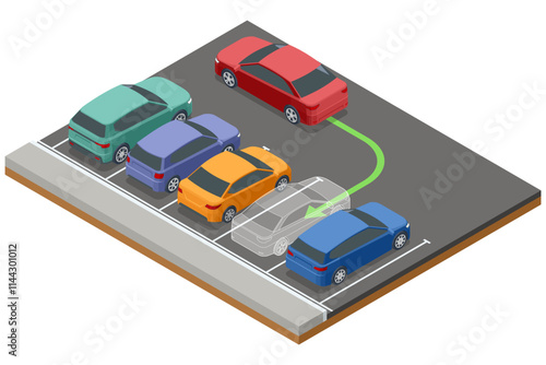 Isometric parking scene with multiple cars in a parking lot. A red car is reversing with a green guide arrow indicating its parking maneuver. Various parked vehicles surround the lot