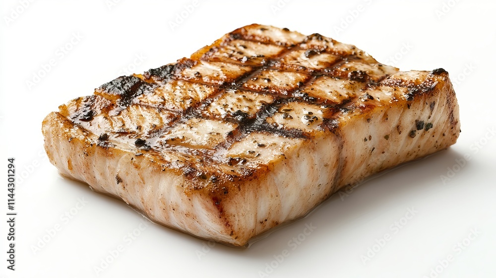 Swordfish Steak: A thick, grilled swordfish steak with a firm texture and pale, slightly pinkish color, displayed on a white background. Swordfish Steak: A thick, grilled swordfish steak with a firm texture and pale, slightly pinkish color, displayed on a white background.