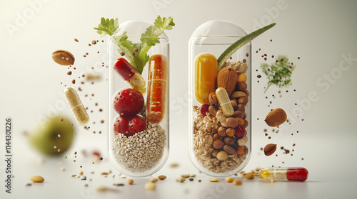 Two Open Pills Filled With Different Fruits, Vegetables, And Nuts On A White Background, Representing The Concept Of Healthy Eating