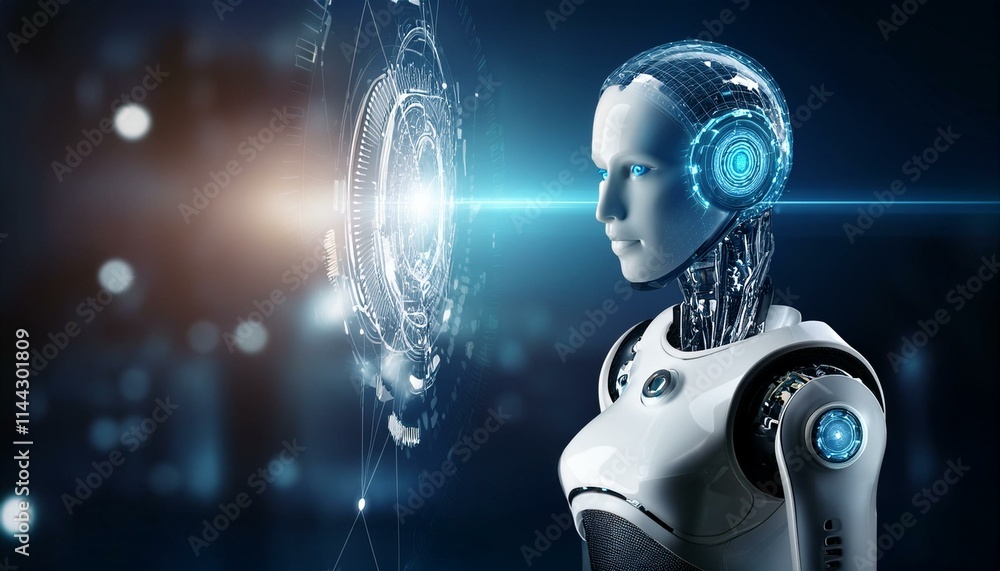 AI Awakening: A humanoid robot with glowing blue eyes and intricate circuitry stands against a futuristic cityscape backdrop, its gaze fixed on a swirling orb of data. AI Awakening: A humanoid robot with glowing blue eyes and intricate circuitry stands against a futuristic cityscape backdrop, its gaze fixed on a swirling orb of data.