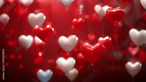 Red and white heart balloons floating in a vibrant valentine's day celebration