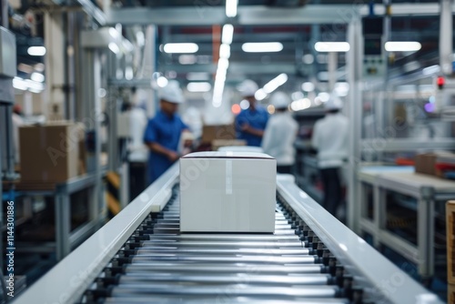 White box at automated production line at modern factory people working in background