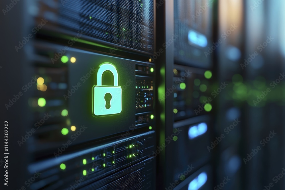 Secure data storage: green lock symbol on server racks highlighting cybersecurity Secure data storage: green lock symbol on server racks highlighting cybersecurity