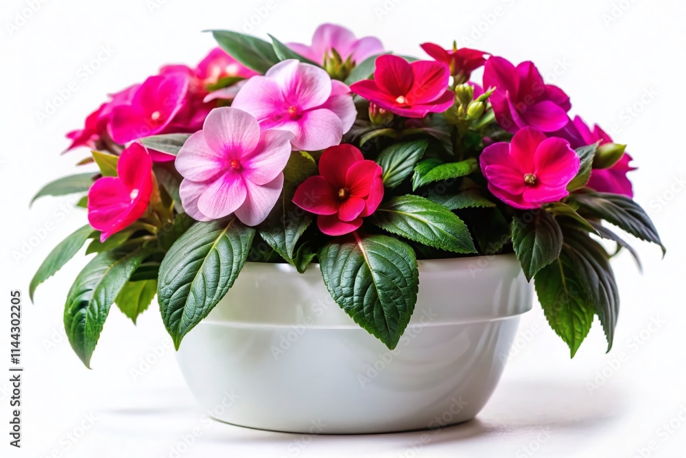 Blooming Impatiens in White Pot: Vibrant Flowers, Lush Greenery, Spring Garden Photography Blooming Impatiens in White Pot: Vibrant Flowers, Lush Greenery, Spring Garden Photography