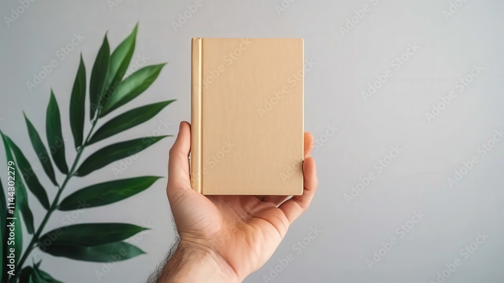 A hand holds a blank, beige book against a light background, accompanied by a green leafy plant, creating a serene and minimalistic composition. A hand holds a blank, beige book against a light background, accompanied by a green leafy plant, creating a serene and minimalistic composition.