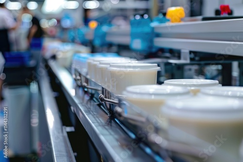 Yoghurt packing machine is shown at a food and drink exhibition. photo