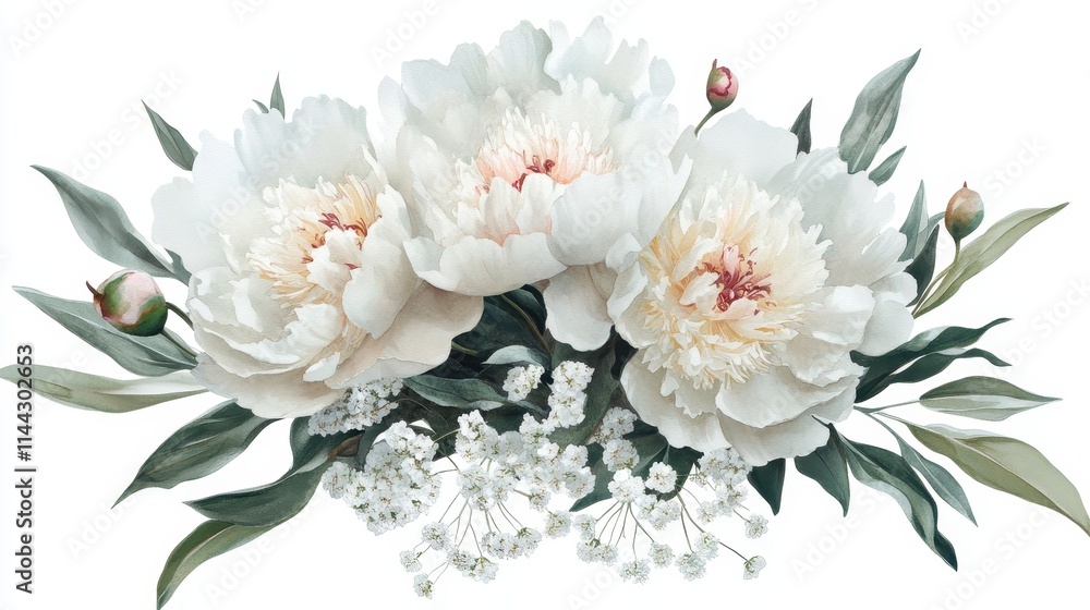 Fototapeta premium Elegant White Peonies and Babys Breath Bouquet