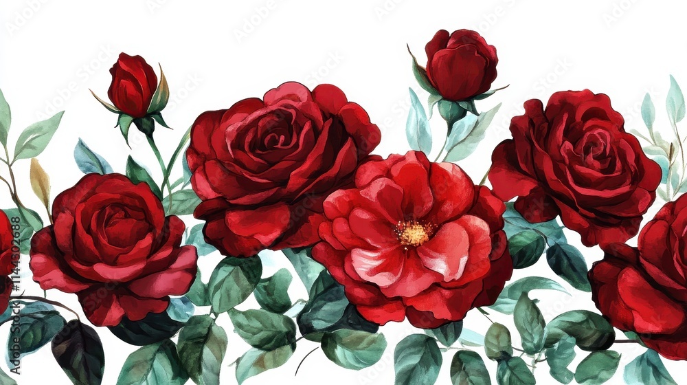 Watercolor Painting of Dark Red Roses and Green Leaves Watercolor Painting of Dark Red Roses and Green Leaves
