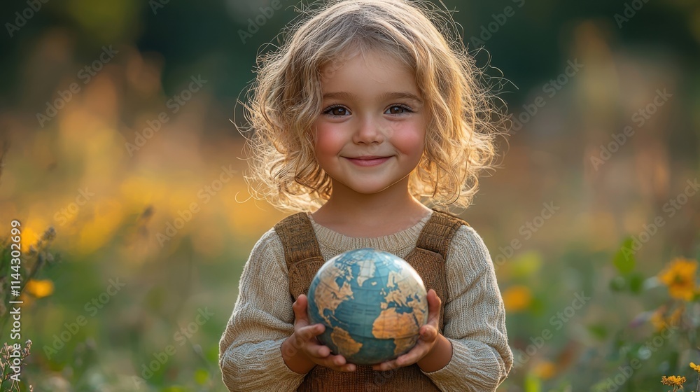 A young child of European descent smiles while holding a globe. The backdrop features a vibrant field with yellow flowers, conveying a connection to nature. A young child of European descent smiles while holding a globe. The backdrop features a vibrant field with yellow flowers, conveying a connection to nature.