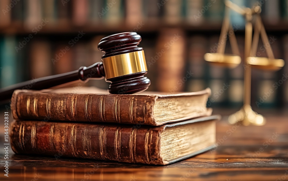 Judge's gavel rests on antique law books with scales of justice in the background. Judge's gavel rests on antique law books with scales of justice in the background.