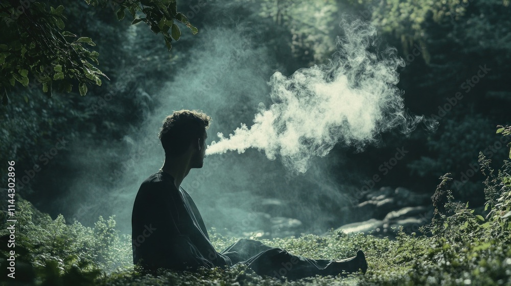 Man exhaling smoke in forest. Man exhaling smoke in forest.
