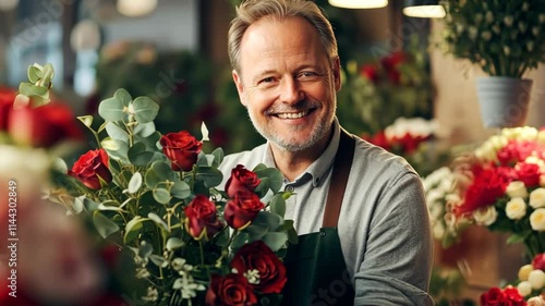 Smiling florist arranging red roses in lively floral shop