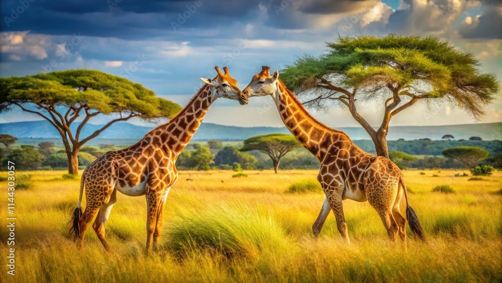 Fototapeta premium Giraffe Fight: Savannah Showdown - Wildlife Photography, Animal Conflict, African Safari, Nature Photography