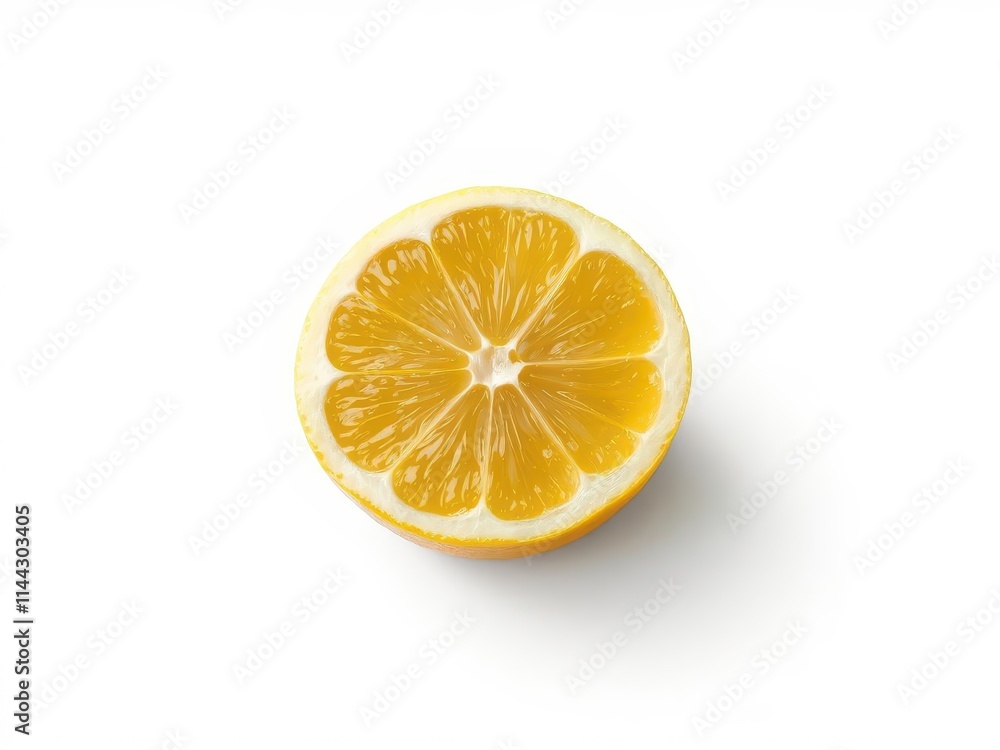 Juicy half lemon, bright yellow flesh, isolated on white, summer, closeup Juicy half lemon, bright yellow flesh, isolated on white, summer, closeup
